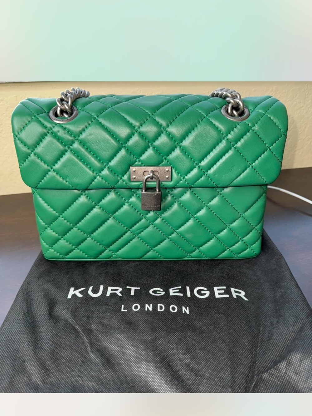 Kurt Geiger Brixton Green Quilted Leather Shoulder Bag Gun Medal Hardware